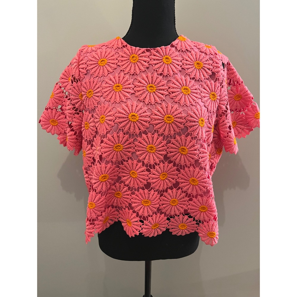LoveWednesday Pink Daisy Lace Bow Back Top Short Sleeve Floral Blouse‎  L - Picture 10 of 10